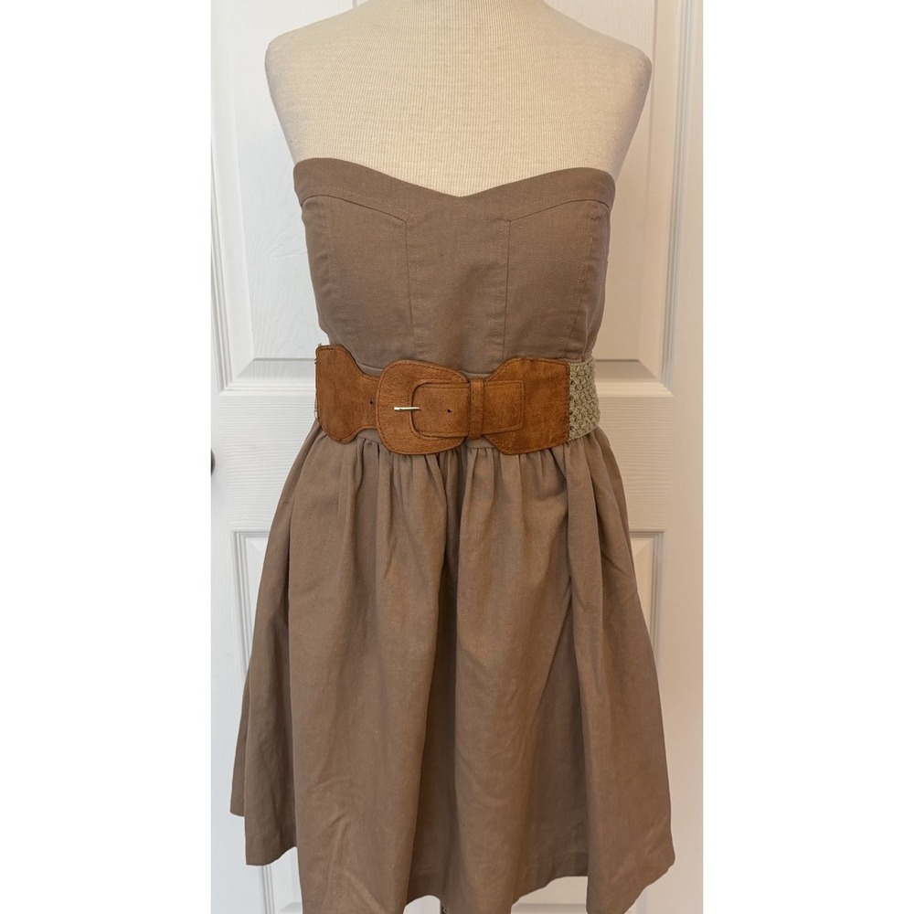 Poetry Strapless Mini Dress Juniors‎ Large Brown 70% Linen Sweetheart Belted EUC